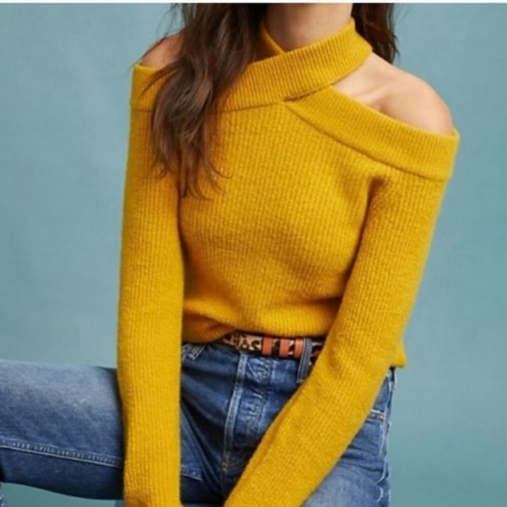 Anthropologie Moth Mustard Golden Yellow Cross Front Cold Shoulder Sweater XS